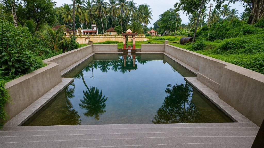 Sacred Pushkarani (Temple Kere) of Mundkur Sri Durgaparameshwari Temple — ancient stone-paved holy pond with crystal-clear waters